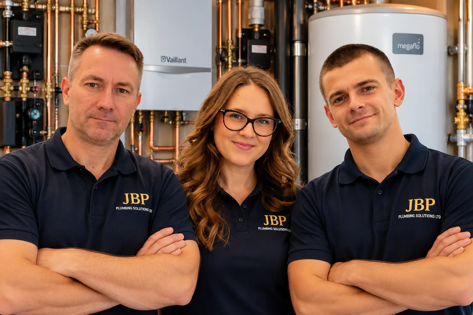 Three people wearing JBP Plumbing Solutions branded shirts