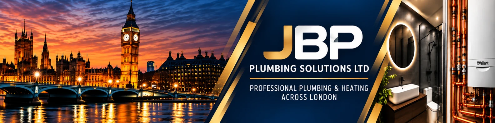 JBP Plumbing Solutions Ltd — Professional Plumbing & Heating Across London. London panorama, JBP logo, bathroom and Vaillant heating imagery with gold diagonal accents.